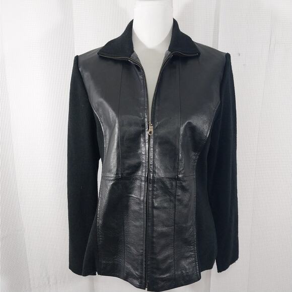 COLDWATER CREEK! LUXE BLACK GENUINE LEATHER, KNIT SLEEVE JACKET, COAT! SZ M - Picture 2 of 10